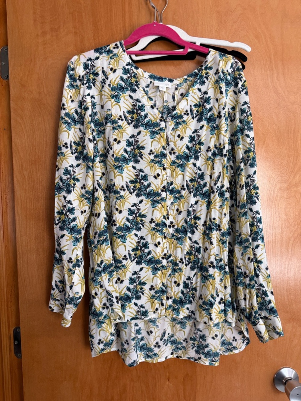 J. Jill Cream Blouse with Teal and Mustard Floral Print